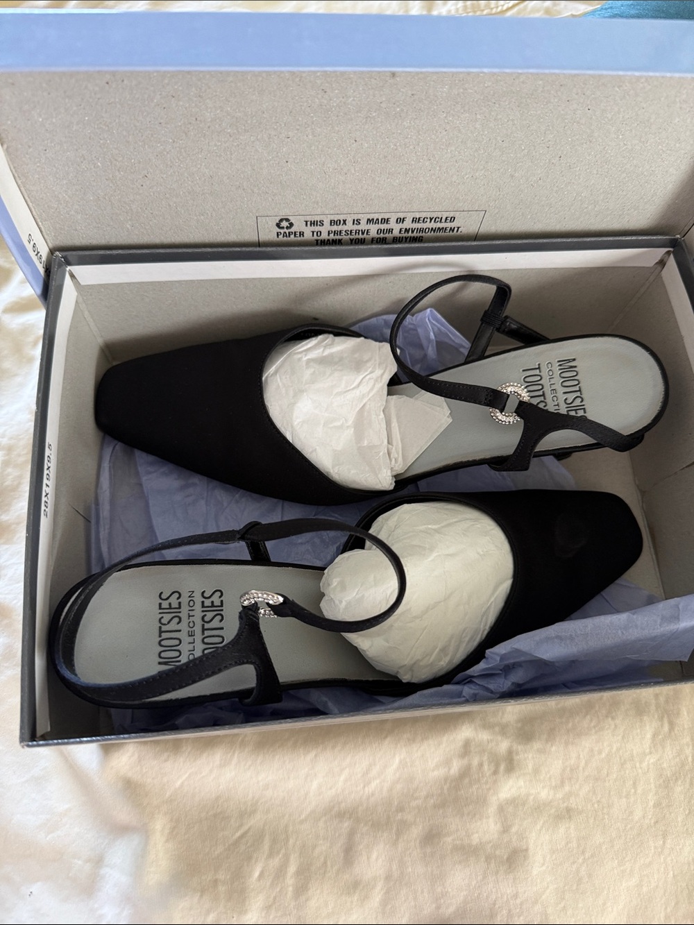 Mootsies Tootsies Black Satin T-Strap Slingback Pumps with Rhinestone Accent